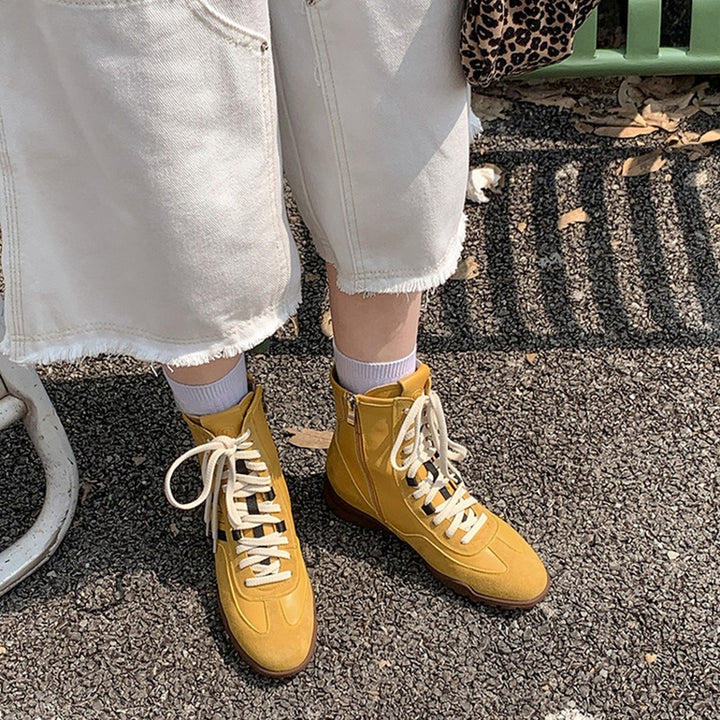 Leather Mix Lace Up High Top Ankle Boots Sporty Western Combat Boots in Black/Brown/Yellow