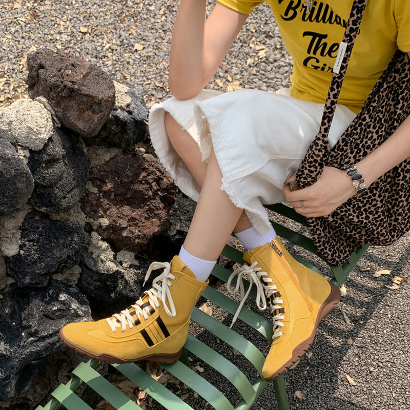 Leather Mix Lace Up High Top Ankle Boots Sporty Western Combat Boots in Black/Brown/Yellow
