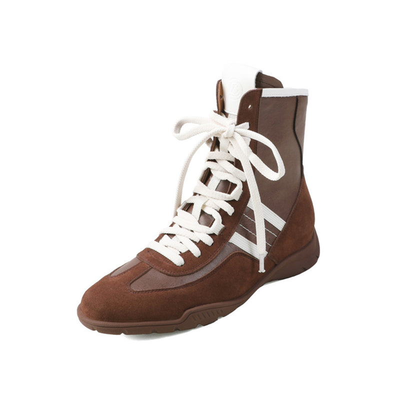 Leather Mix Lace Up High Top Ankle Boots Sporty Western Combat Boots in Black/Brown/Yellow