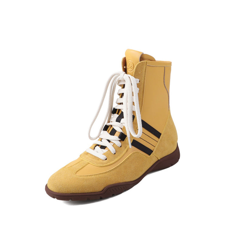 Leather Mix Lace Up High Top Ankle Boots Sporty Western Combat Boots in Black/Brown/Yellow