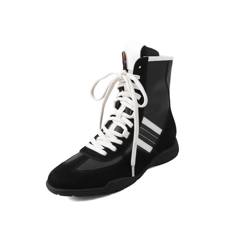 Leather Mix Lace Up High Top Ankle Boots Sporty Western Combat Boots in Black/Brown/Yellow