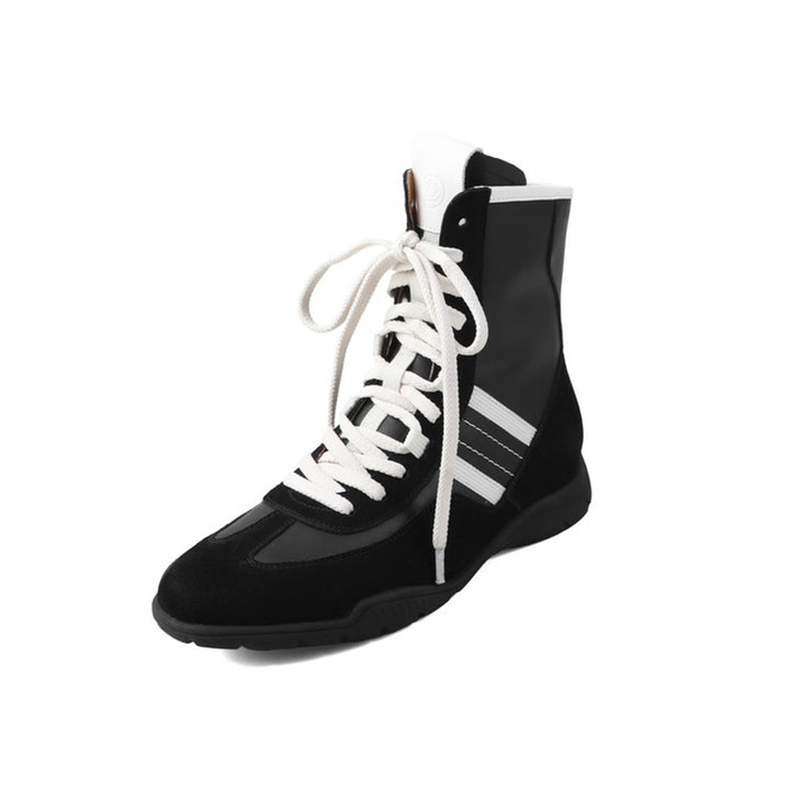 Leather Mix Lace Up High Top Ankle Boots Sporty Western Combat Boots in Black/Brown/Yellow
