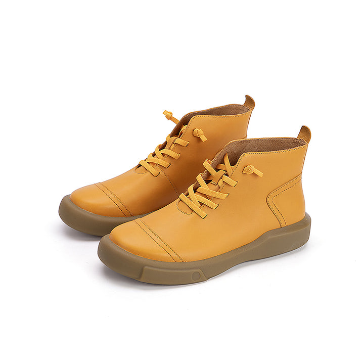 Women’s Cowhide Casual Lace-Up Platform Ankle Boots in Gray/Beige/Yellowish-brown