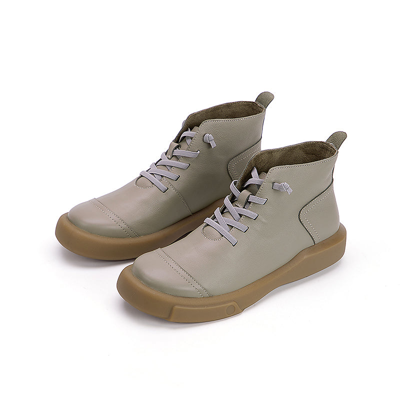 Women’s Cowhide Casual Lace-Up Platform Ankle Boots in Gray/Beige/Yellowish-brown