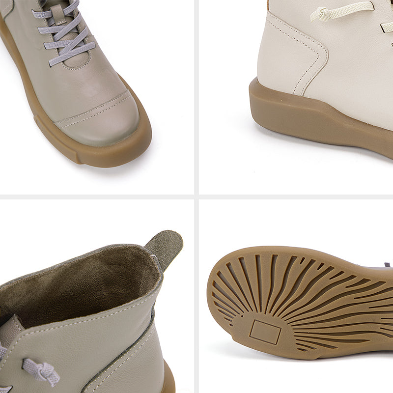 Women’s Cowhide Casual Lace-Up Platform Ankle Boots in Gray/Beige/Yellowish-brown