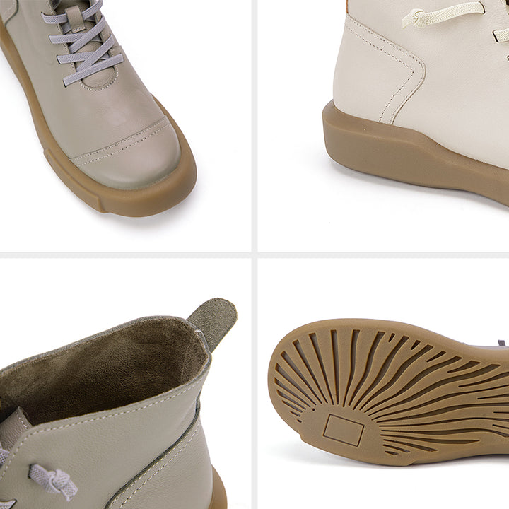 Women’s Cowhide Casual Lace-Up Platform Ankle Boots in Gray/Beige/Yellowish-brown