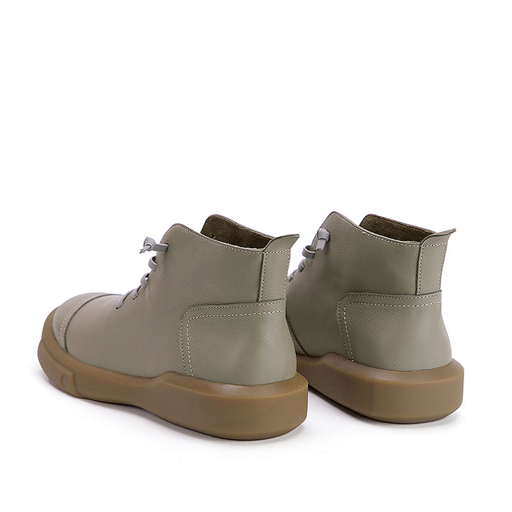 Women’s Cowhide Casual Lace-Up Platform Ankle Boots in Gray/Beige/Yellowish-brown