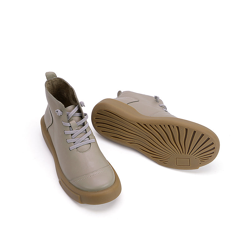 Women’s Cowhide Casual Lace-Up Platform Ankle Boots in Gray/Beige/Yellowish-brown