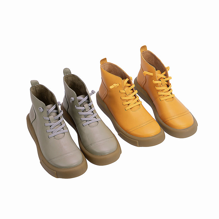 Women’s Cowhide Casual Lace-Up Platform Ankle Boots in Gray/Beige/Yellowish-brown