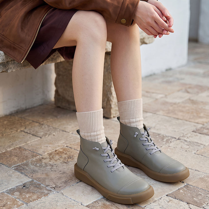 Women’s Cowhide Casual Lace-Up Platform Ankle Boots in Gray/Beige/Yellowish-brown