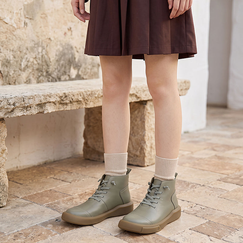 Women’s Cowhide Casual Lace-Up Platform Ankle Boots in Gray/Beige/Yellowish-brown