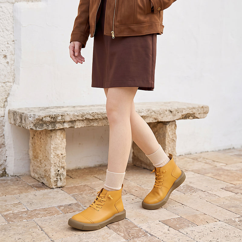 Women’s Cowhide Casual Lace-Up Platform Ankle Boots in Gray/Beige/Yellowish-brown