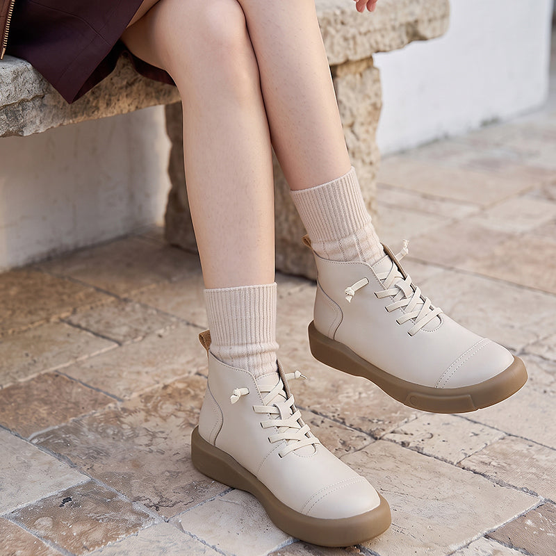 Women’s Cowhide Casual Lace-Up Platform Ankle Boots in Gray/Beige/Yellowish-brown