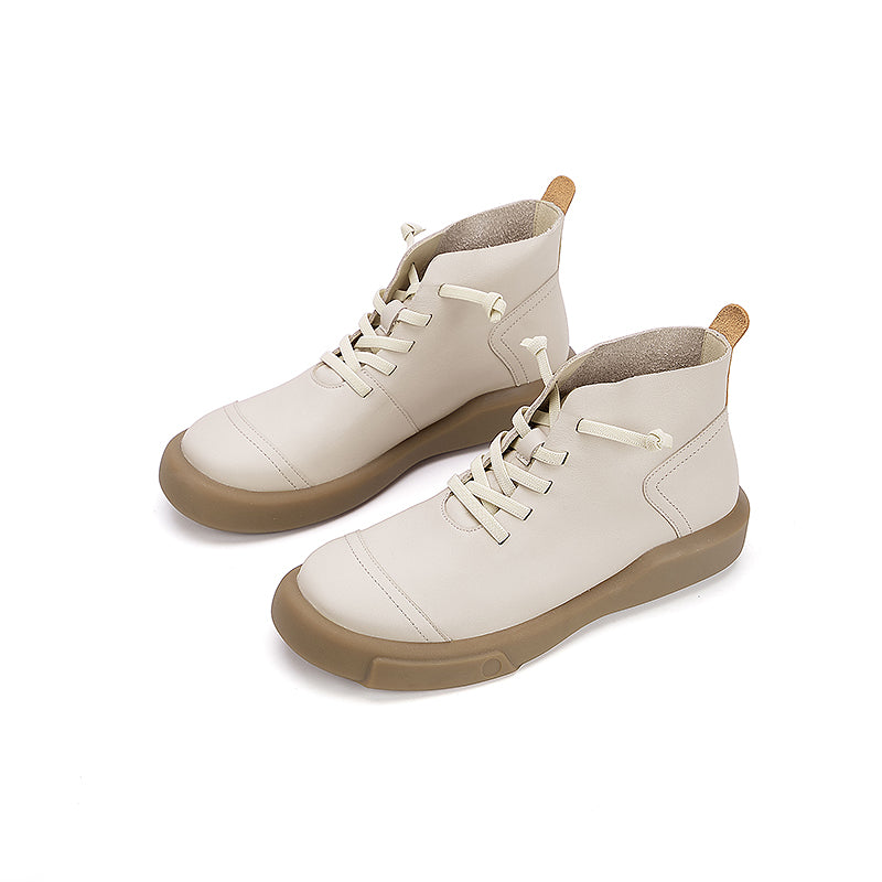 Women’s Cowhide Casual Lace-Up Platform Ankle Boots in Gray/Beige/Yellowish-brown