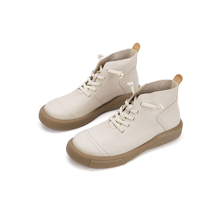Women’s Cowhide Casual Lace-Up Platform Ankle Boots in Gray/Beige/Yellowish-brown