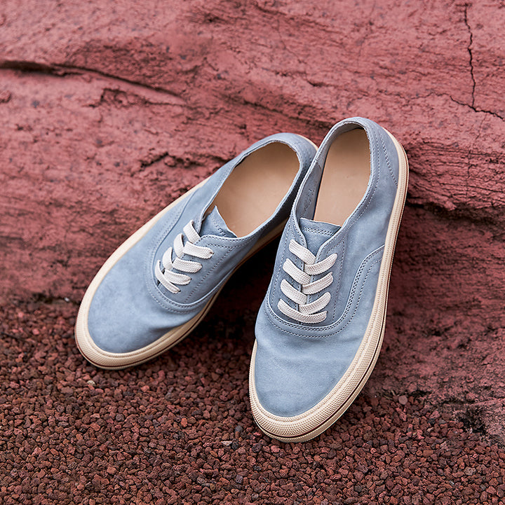 Women’s Handmade Horse Leather Sneakers Low Top Casual Goodyear Shoes in Yellow/Blue