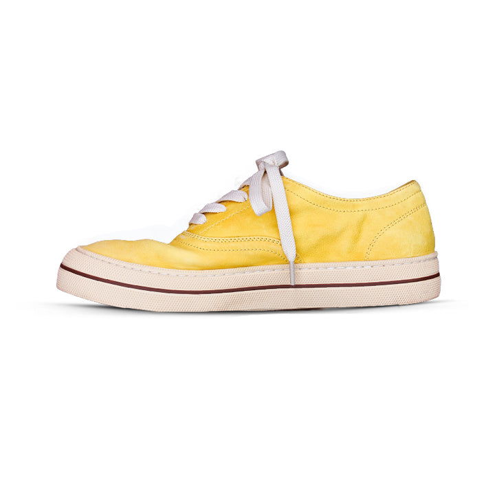 Women’s Handmade Horse Leather Sneakers Low Top Casual Goodyear Shoes in Yellow/Blue