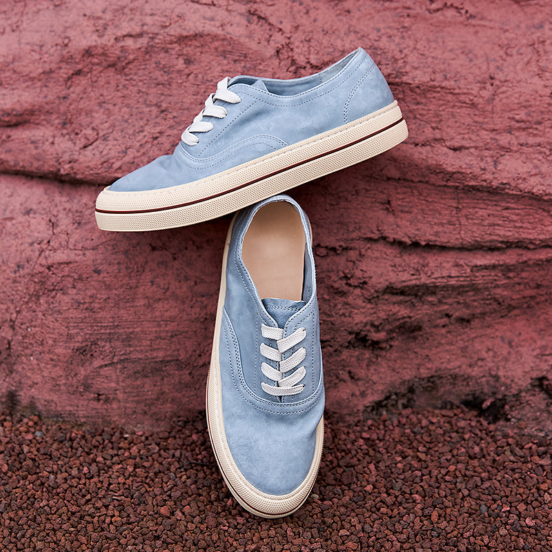Women’s Handmade Horse Leather Sneakers Low Top Casual Goodyear Shoes in Yellow/Blue