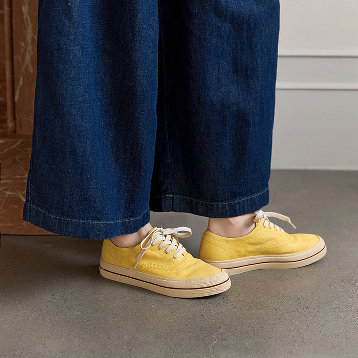 Women’s Handmade Horse Leather Sneakers Low Top Casual Goodyear Shoes in Yellow/Blue