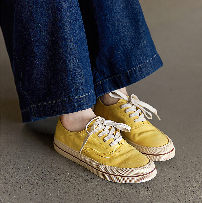 Women’s Handmade Horse Leather Sneakers Low Top Casual Goodyear Shoes in Yellow/Blue