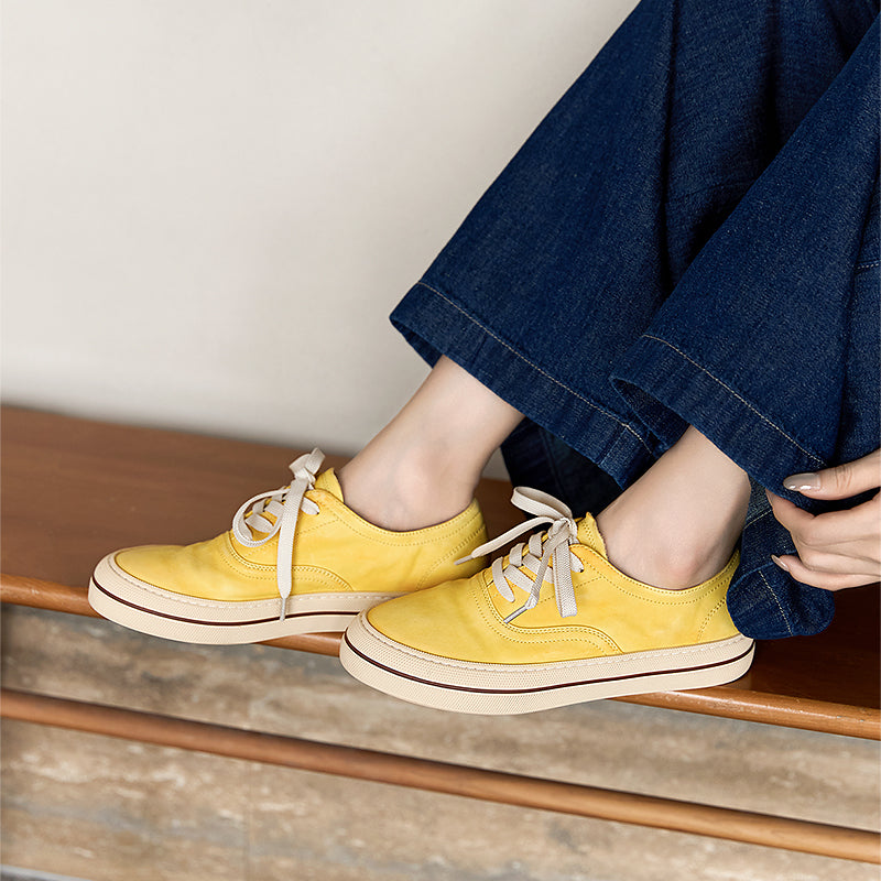 Women’s Handmade Horse Leather Sneakers Low Top Casual Goodyear Shoes in Yellow/Blue