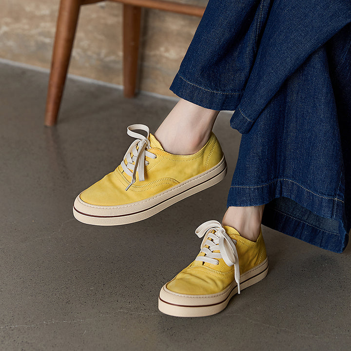 Women’s Handmade Horse Leather Sneakers Low Top Casual Goodyear Shoes in Yellow/Blue