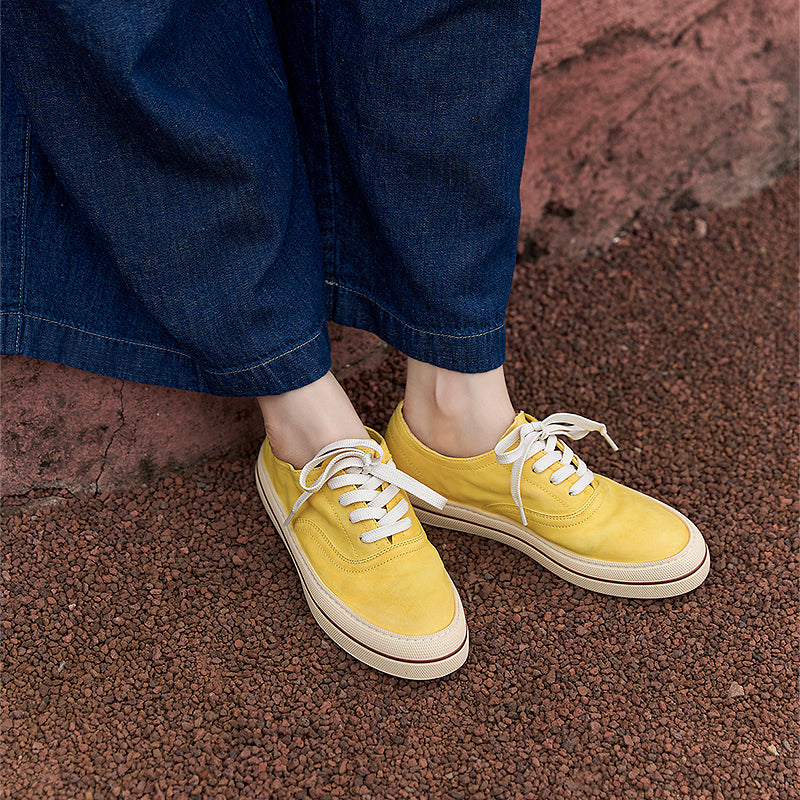 Women’s Handmade Horse Leather Sneakers Low Top Casual Goodyear Shoes in Yellow/Blue