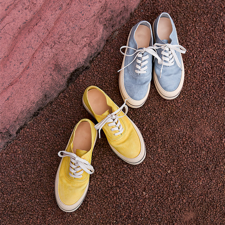 Women’s Handmade Horse Leather Sneakers Low Top Casual Goodyear Shoes in Yellow/Blue