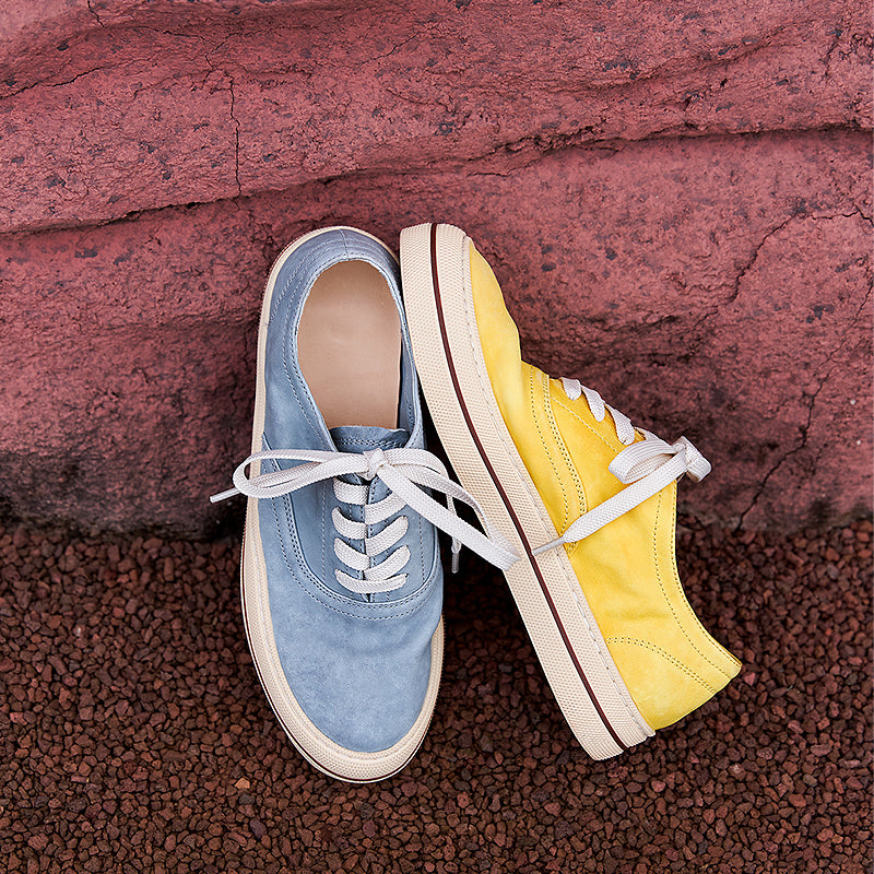 Women’s Handmade Horse Leather Sneakers Low Top Casual Goodyear Shoes in Yellow/Blue