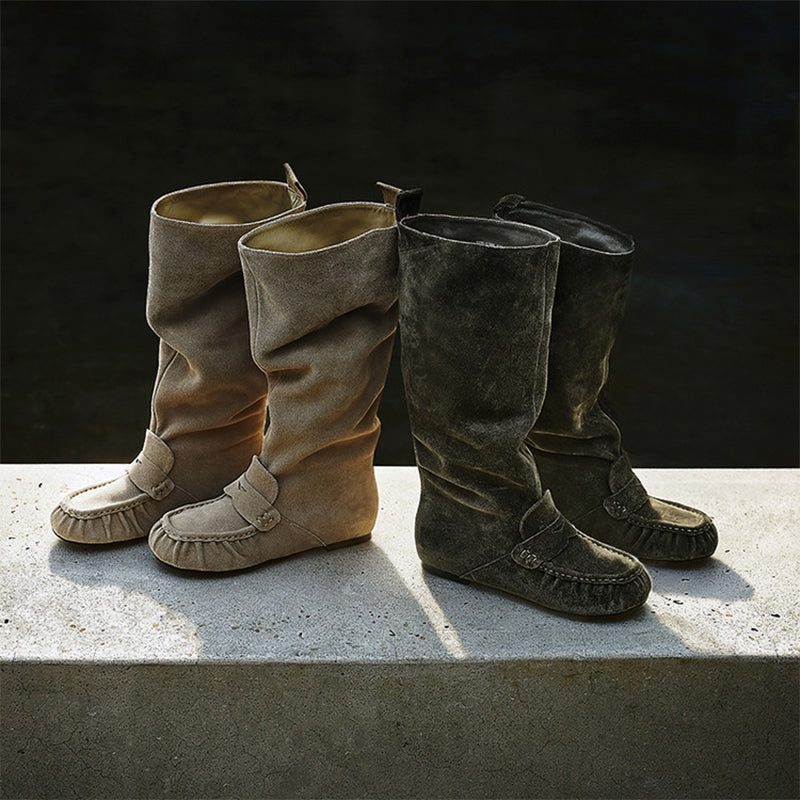 Women’s Handmade Suede Slouch Knee High Moc Toe Loafer Boots in Khaki/Dark Green