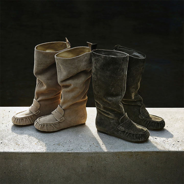 Women’s Handmade Suede Slouch Knee High Moc Toe Loafer Boots in Khaki/Dark Green
