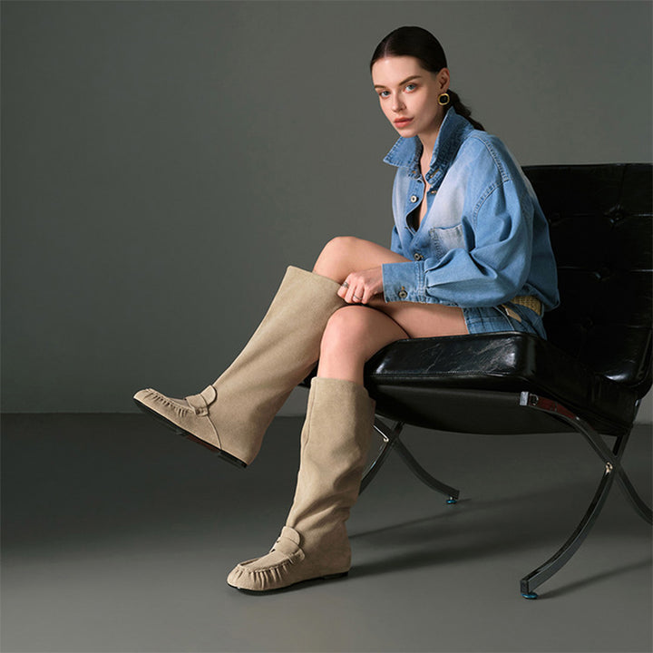 Women’s Handmade Suede Slouch Knee High Moc Toe Loafer Boots in Khaki/Dark Green