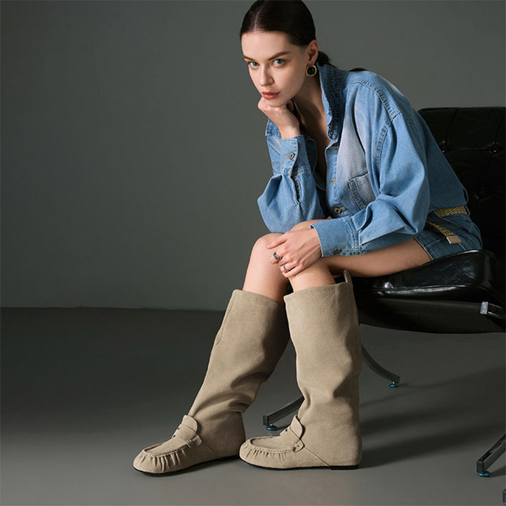 Women’s Handmade Suede Slouch Knee High Moc Toe Loafer Boots in Khaki/Dark Green