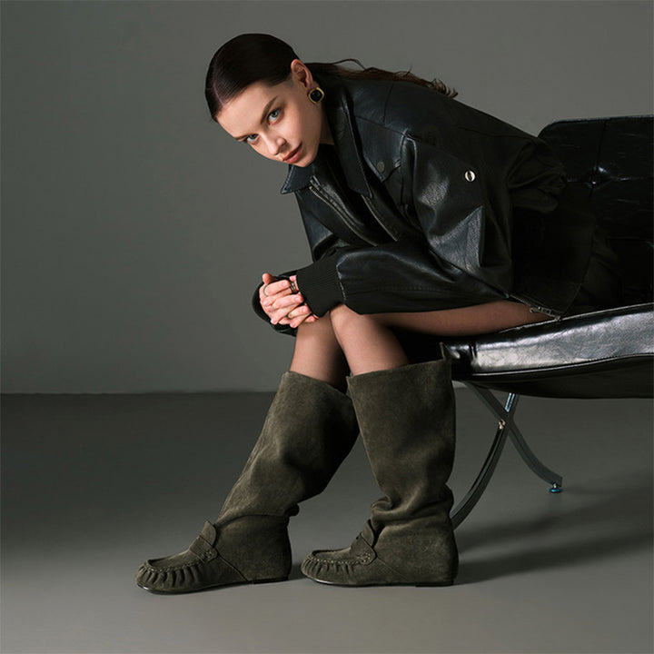 Women’s Handmade Suede Slouch Knee High Moc Toe Loafer Boots in Khaki/Dark Green