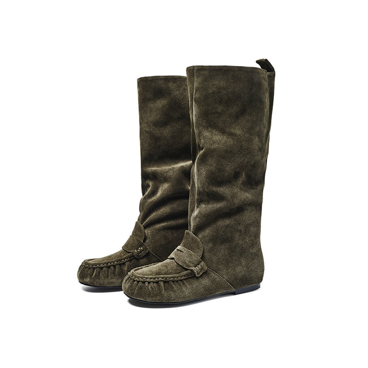 Women’s Handmade Suede Slouch Knee High Moc Toe Loafer Boots in Khaki/Dark Green