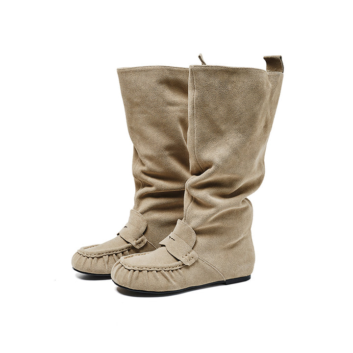 Women’s Handmade Suede Slouch Knee High Moc Toe Loafer Boots in Khaki/Dark Green