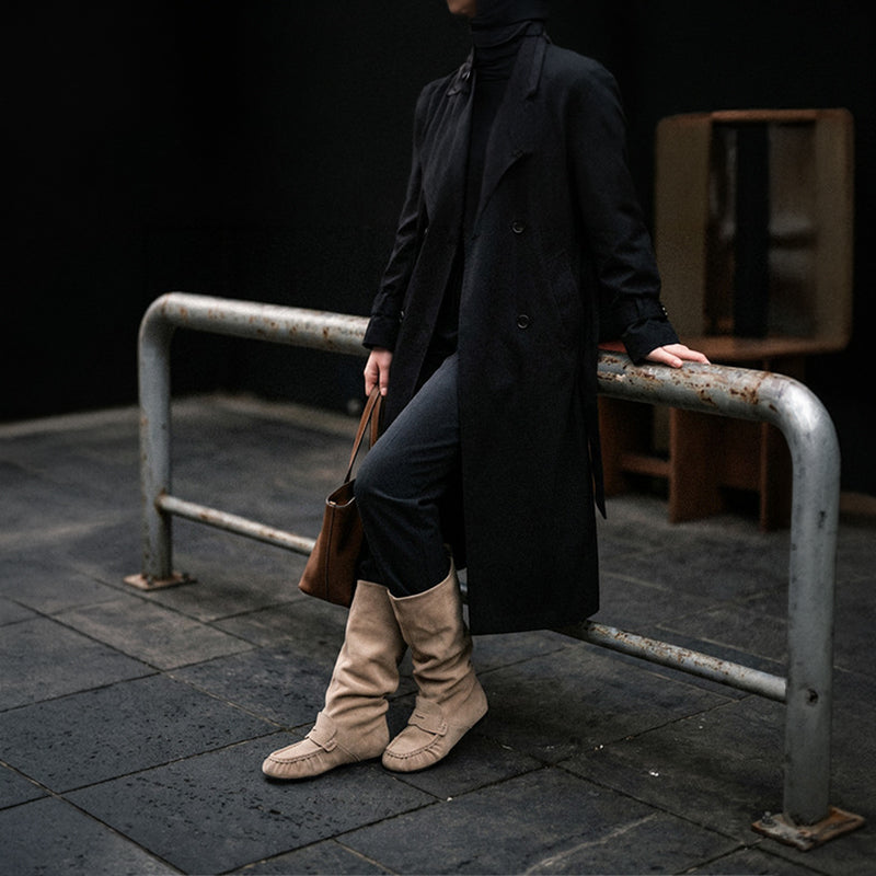 Women’s Handmade Suede Slouch Knee High Moc Toe Loafer Boots in Khaki/Dark Green