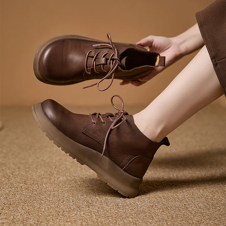Mori Girl Lace-Up Nubuck Leather Platform Ankle Boots in Coffee/Gray