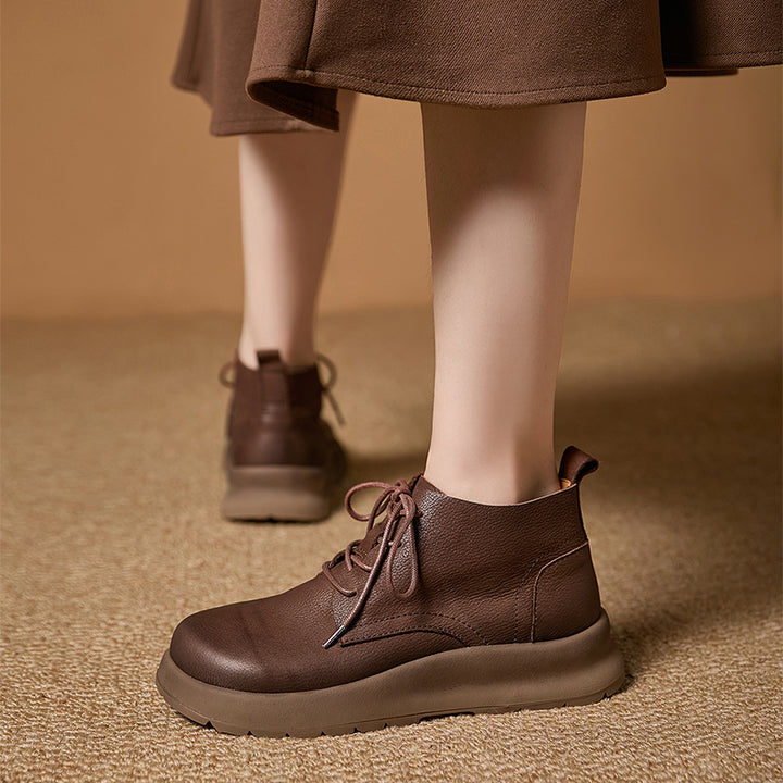 Mori Girl Lace-Up Nubuck Leather Platform Ankle Boots in Coffee/Gray