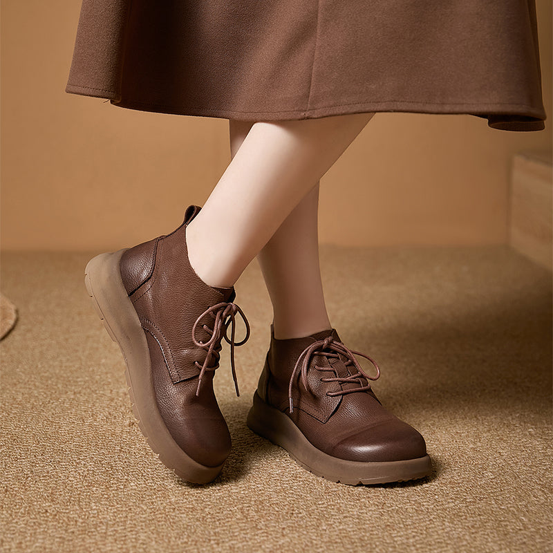 Mori Girl Lace-Up Nubuck Leather Platform Ankle Boots in Coffee/Gray