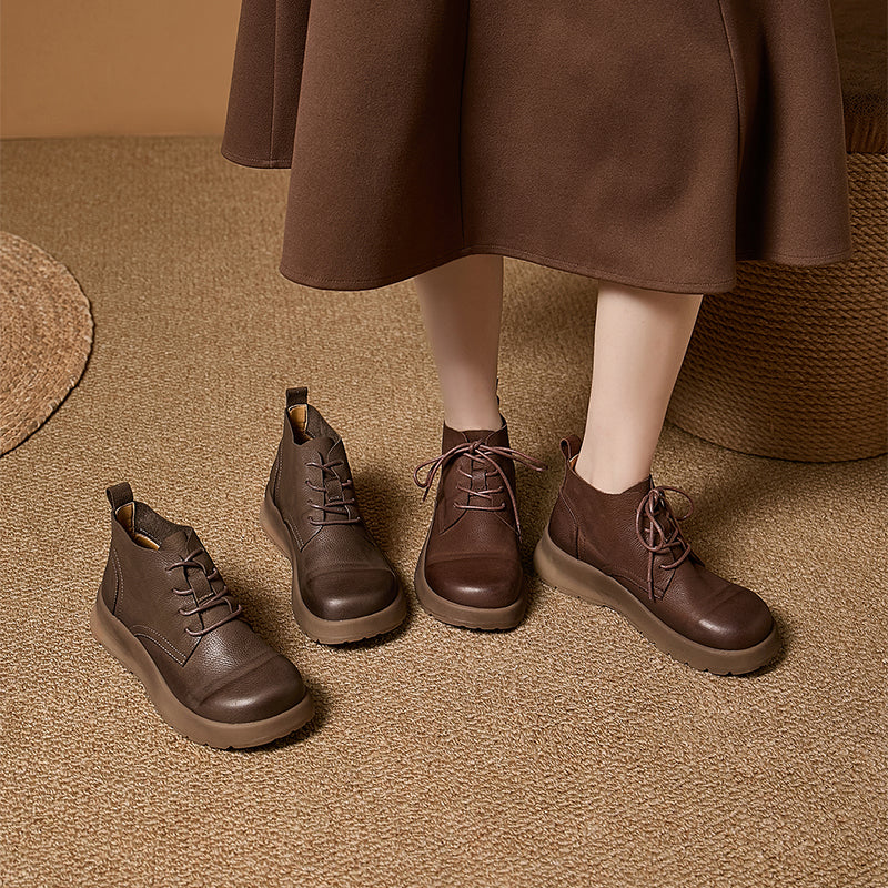 Mori Girl Lace-Up Nubuck Leather Platform Ankle Boots in Coffee/Gray