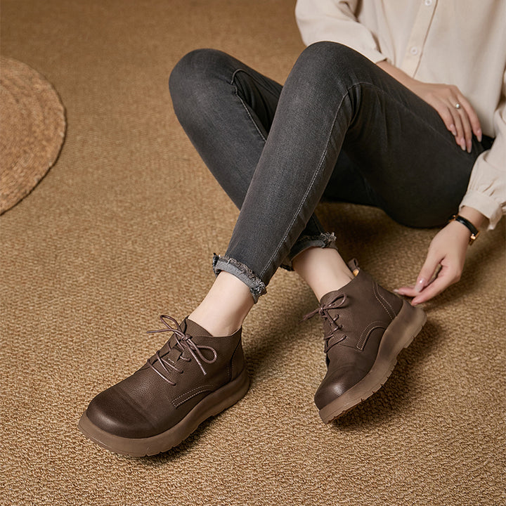 Mori Girl Lace-Up Nubuck Leather Platform Ankle Boots in Coffee/Gray