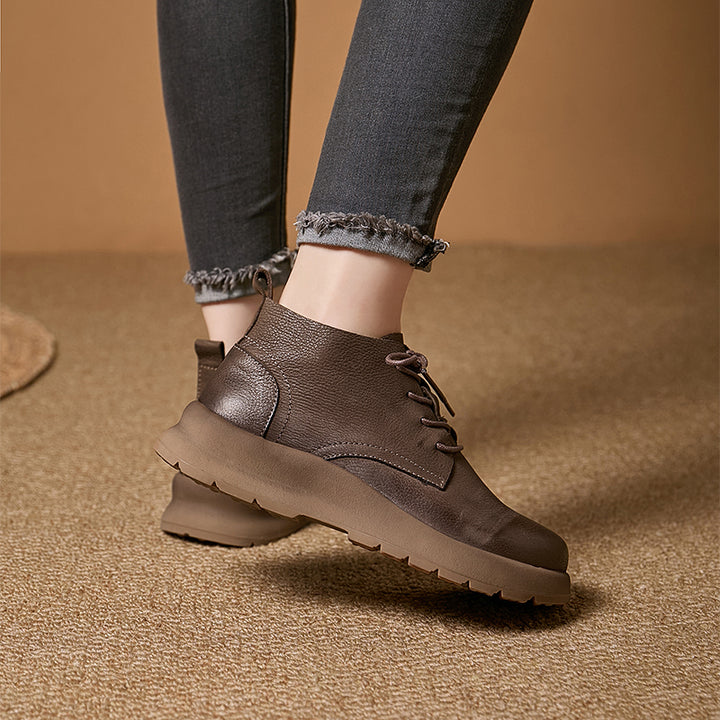 Mori Girl Lace-Up Nubuck Leather Platform Ankle Boots in Coffee/Gray