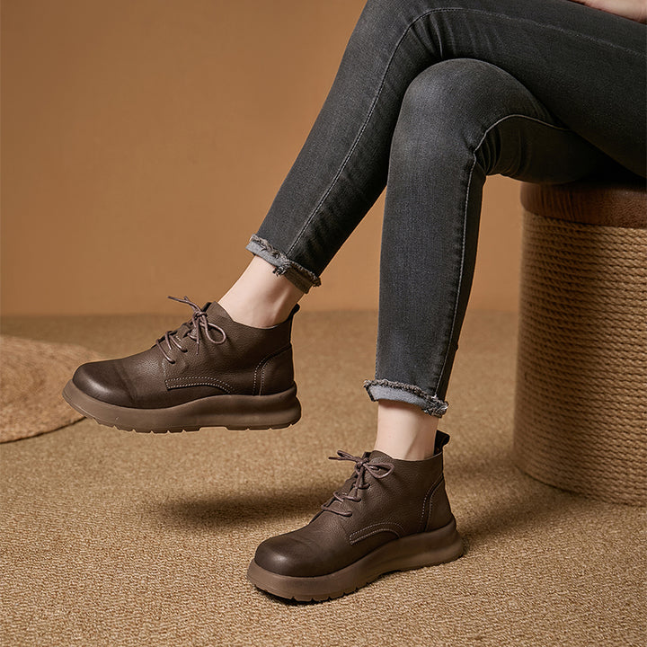 Mori Girl Lace-Up Nubuck Leather Platform Ankle Boots in Coffee/Gray