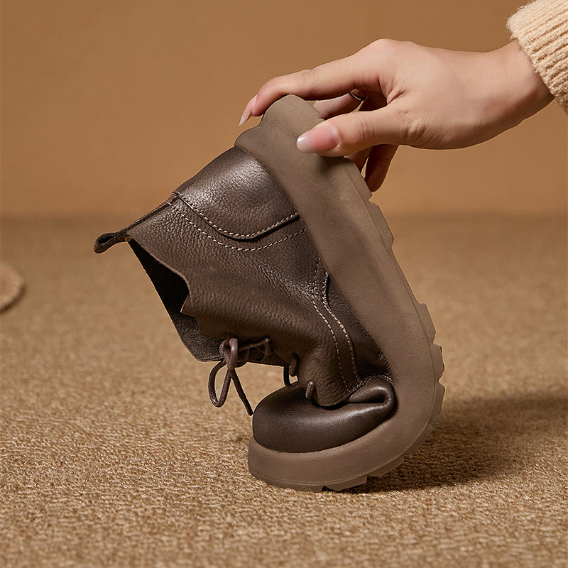 Mori Girl Lace-Up Nubuck Leather Platform Ankle Boots in Coffee/Gray