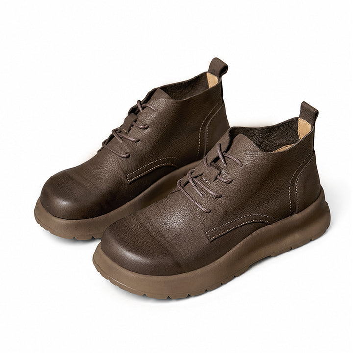 Mori Girl Lace-Up Nubuck Leather Platform Ankle Boots in Coffee/Gray