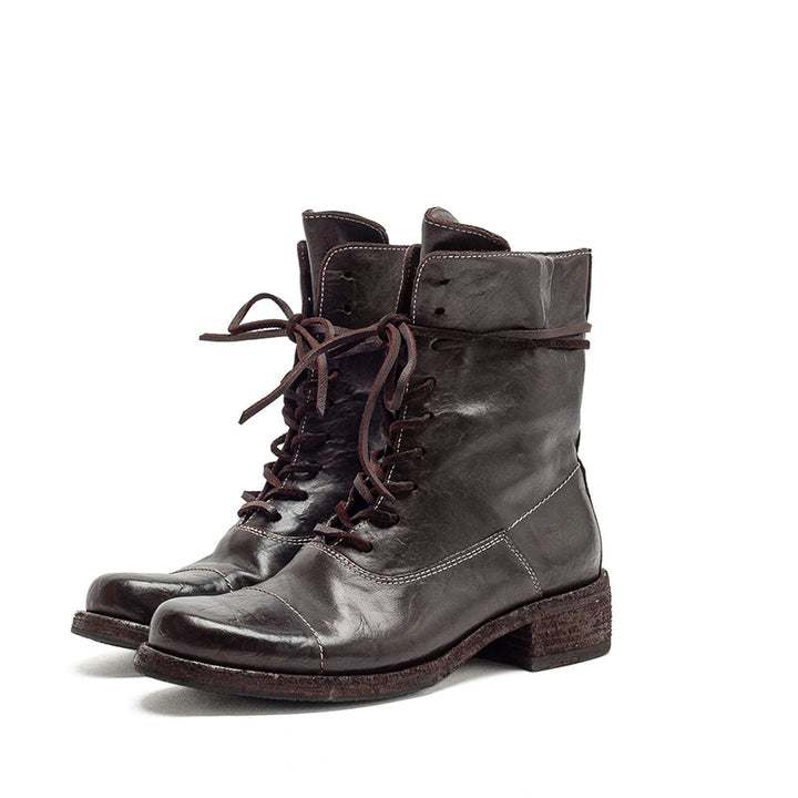 Handmade Horse Leather Cap Toe Combat Boots Vintage Lace-Up Short Boots in Chocolate/Gray