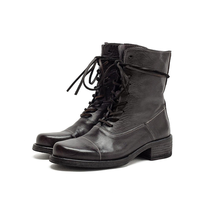 Handmade Horse Leather Cap Toe Combat Boots Vintage Lace-Up Short Boots in Chocolate/Gray