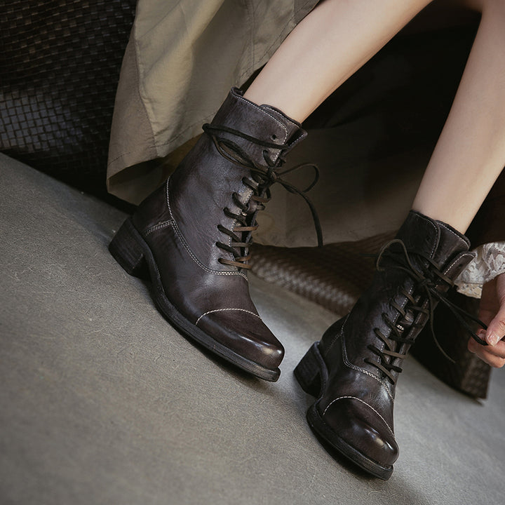 Handmade Horse Leather Cap Toe Combat Boots Vintage Lace-Up Short Boots in Chocolate/Gray