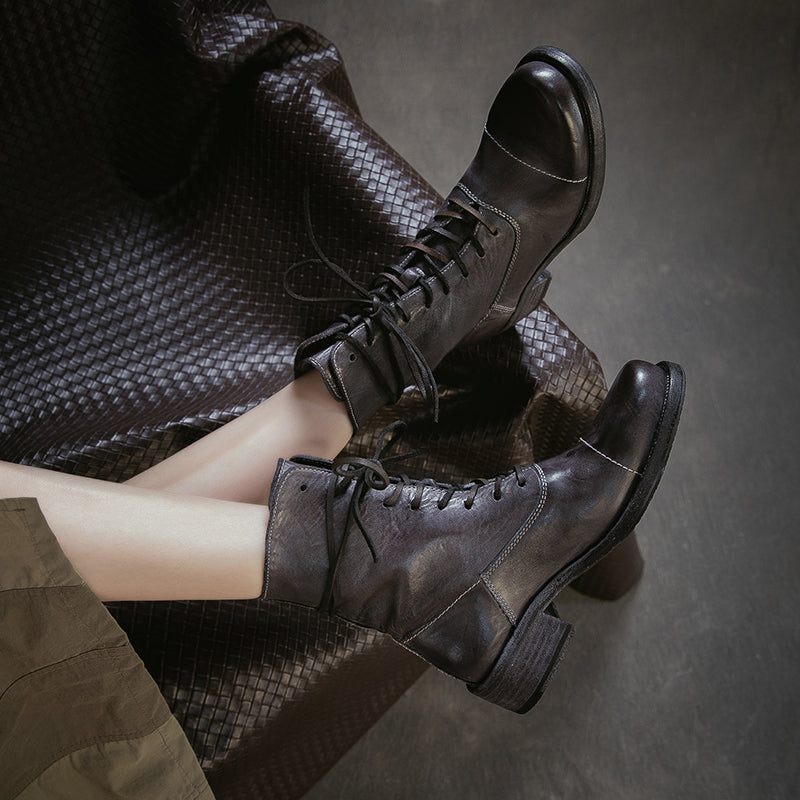 Handmade Horse Leather Cap Toe Combat Boots Vintage Lace-Up Short Boots in Chocolate/Gray